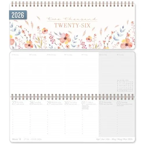 Häfft® Internationaler Tischkalender 2026 quer 'Sweet Flowers' 1 Woche 2 Seiten, Wochenkalender 29,8 x 11,6 cm, mehrsprachiges Kalendarium - nachhaltig und klimafreundlich