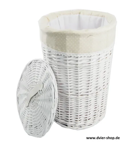 Wäschekorb weiß rund weide m. Bezug creme weiß D.32 H.48