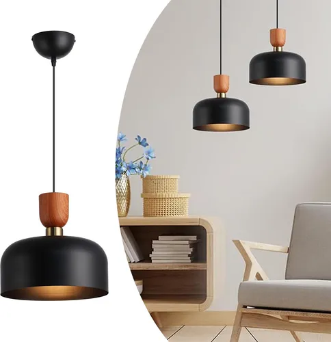 Moderne nordische Pendelleuchte 30 cm – Schwarzes Metall mit Holzeffekt, höhenverstellbar, E27-Fassung, Küche oder Esszimmer