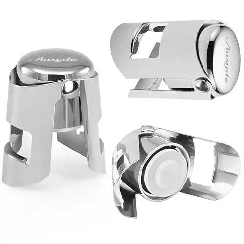 Ausyde Champagnerverschluss, Weinstopfen aus Edelstahl, Vakuumverschluss, super Dichtung, 3 Stück