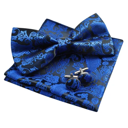Herren Paisley Fliege Taschentuch und Manschettenknöpfe Set Royal BlueGröße E...