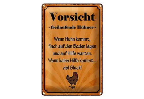 Roomando Metallschild Spruch 12x18cm Vorsicht freilaufende Hühner