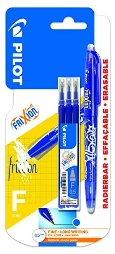 PILOT Frixion Tintenroller, radierbar, feine 0,5 mm Spitze, Blau, Stift und 3 Ersatzminen
