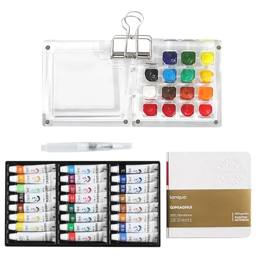 WIYETY 24 Farben Mini Aquarellfarben Palette: Tragbare 15 Grids PP Aquarell Palette, Reise Aquarell-Reiseset, Paletten Skizzenbuch Palette mit Aquarellpinsel Wasserfarben Skizzenbuch Malbedarf