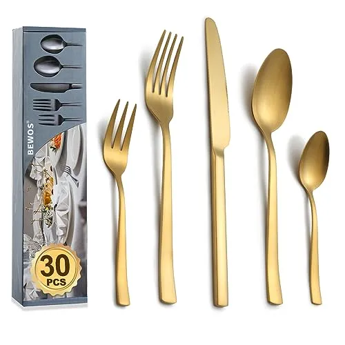 BEWOS Besteckset für 6 Personen, 30-teiliges Besteckset aus Edelstahl, mattgoldenes Besteckset mit Messern, Gabeln und Löffeln, hochglanzpoliert und spülmaschinenfest