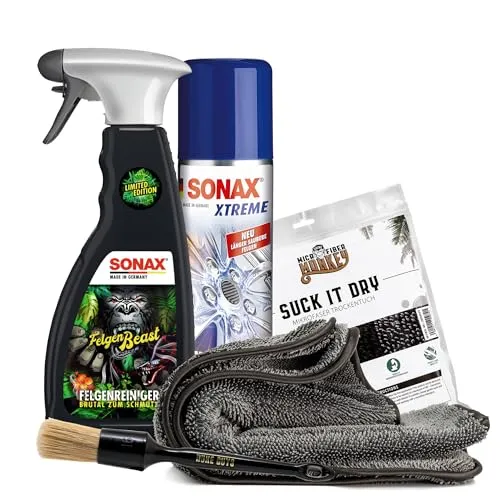 Sonax Xtreme Felgen Reinigung und Versiegelung Set - Felgenversiegelung Set mit hydrophober Schutzbarriere gegen Schmutz, inklusive Sonax Felgenbeast und Nuke Guys Pinsel für mühelose Reinigung und Pflege.