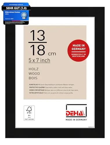 DEHA Design Bilderrahmen, 13 x 18 cm, Holz, Schwarz, Fotorahmen zum Auftstellen im Hoch- & Querformat, bruchsicheres Kunstglas, Fontana