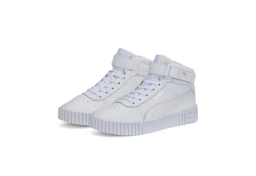Puma Carina 2.0 Mid Damen Sneaker Weiß EU 38 - Sneaker für Damen mit halbhohem Schaft und praktischem Klettverschluss. Hergestellt aus hochwertigem Leder und recyceltem Material, bieten sie optimalen Komfort und stilvollen Look für jeden Anlass.