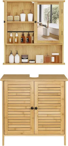 EUGAD Badmöbel-Set - Waschbeckenunterschrank & Spiegelschrank aus Bambus - Badmöbel-Set aus 100% Bambus, stilvoll und nachhaltig. Ideal für modernes Badezimmer, einfache Selbstmontage inklusive Anleitung.