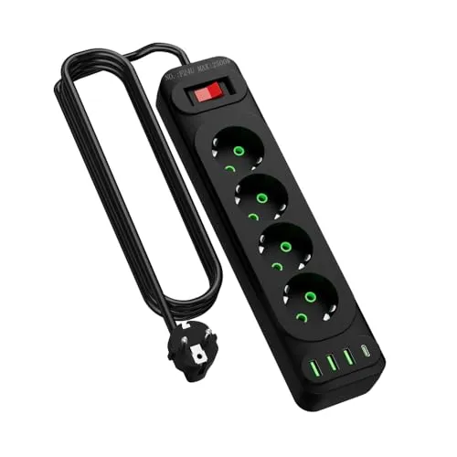 8-in-1 Steckdosenleiste mit 2 m Kabel & Schalter 4 EU-Steckdosen und 4 USB-Ports(5V-2.1A), 2500W–Perfekt für Küche, Bad & Wohnheim
