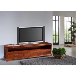 Lowboard OXFORD aus Akazie 175x50x53 - Massives TV-Longboard im historischen Kolonialstil mit viel Stauraum in 3 Schubladen und 1 offenem Regalfach. Edles Akazienholz und koloniale Designdetails sorgen für einen eleganten Look.