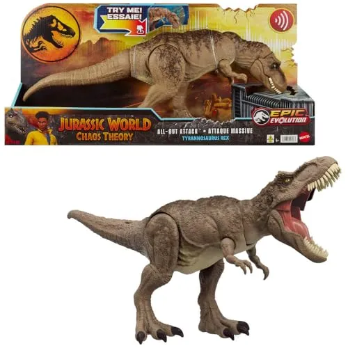 Dinosaurier Mattel Jurassic World T-Rex Total Attack - Spielfiguren mit beeindruckendem Bissangriff und brüllenden Geräuschen. Der T-Rex entwickelt sich für den Kampf und bietet interaktive digitale Spiele über die Jurassic World App.