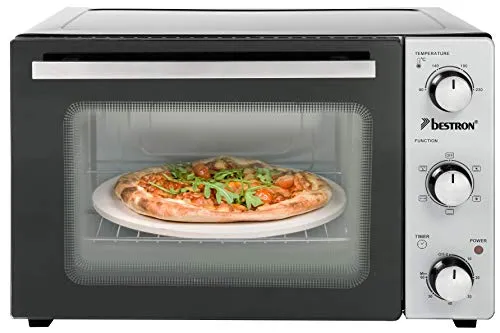 Bestron AOV31PS - Kompakter Mini-Backofen 31L, 1500W mit Drehspieß und Pizzastein, ideal für vielseitige Gerichte und einfache Bedienung