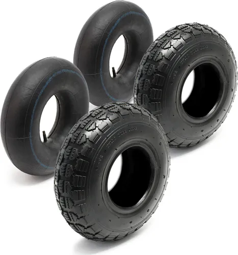 Wiltec 2x Reifenmantel 2x Schlauch für Aufsitzmäher/Rasentraktor 11x4.00-4 4PR Gerades Ventil