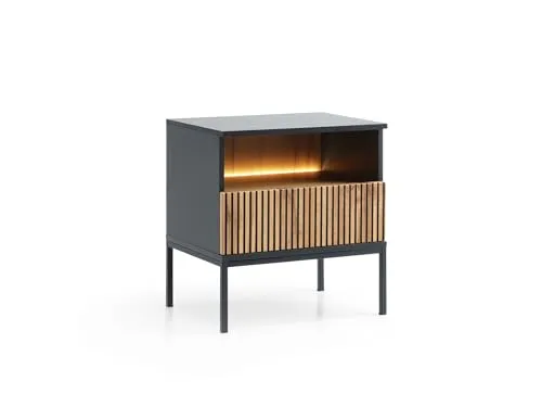 Emporius Haller Nachttisch Schwarz - Nachtschrank mit LED, hohen Beinen, Schublade und Lamellen - 54 cm breit - Nachtkästchen, Beistellschrank Modern, Elegant