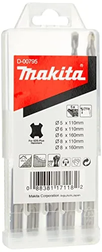 Makita D-00795 Bohrer-Set für Mauerwerk, 5-teilig, SDS-Plus Standmak 5 x 110, 6 x 110, 6 x 160, 8 x 110, 8 x 160 mm