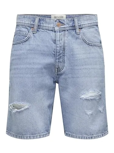 ONLY & SONS Jeansbermudas blau L - Modische Jeansbermudas aus 100% Baumwolle im Light Blue Denim mit Destroyed-Effekten, ideal für lässige Sommerlooks. Pflegeleicht und bequem, perfekt für Freizeitaktivitäten.