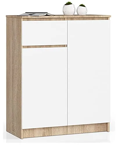 AKORD Kommode K80 - 80 cm | Schlichte Eleganz für jedes Zimmer - Kommode aus Sonoma Eiche/Weiß, ideal für Wohnzimmer, Schlafzimmer oder Büro. Mit 2 Türen und 1 Schublade bietet sie viel Stauraum und ist pflegeleicht.