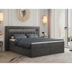 Boxspringbett 160x200 mit LED Kopfteil und Stauraum - Stilvolles Polsterbett mit zwei Bettkästen und 7-Zonen-Taschenfederkernmatratzen für optimalen Schlafkomfort. Ideal für modernes Wohnen in Dunkelgrau.