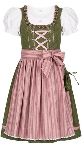 Nübler Dirndl Mädchen NABILA - 3-teiliges Set in Oliv/Rosa - Dirndl & Dirndl-Sets für Mädchen, hochwertiges 3-teiliges Set mit bezauberndem Blumenmuster, ideal für Feste und Feiern, formbeständig und modisch geschnitten.