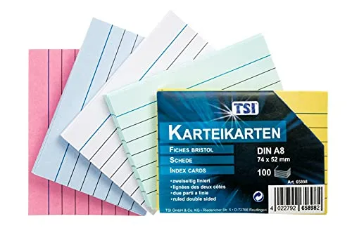 TSI Karteikarten bunt sortiert, 100er Packung, liniert, Größe: DIN A8 (74 x 52 mm), Art. Nr. 65898