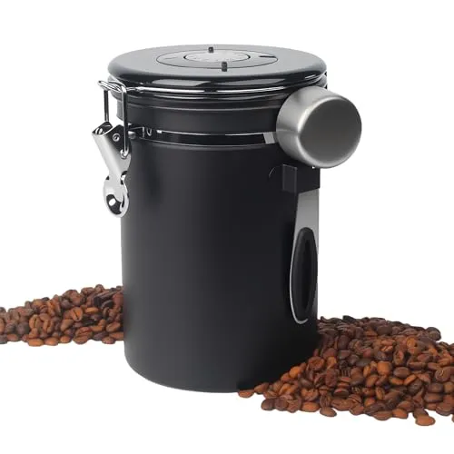 DUBUOZA 1,8 LKaffeedose Luftdicht aus Edelstahl, Kaffeebohnen Behälter,Kaffeedose mit Datumsanzeige und Messlöffel aus Edelstahl, geeignet für Kaffeebohnen, Teeblätter, Nüsse und Kakao (schwarz)