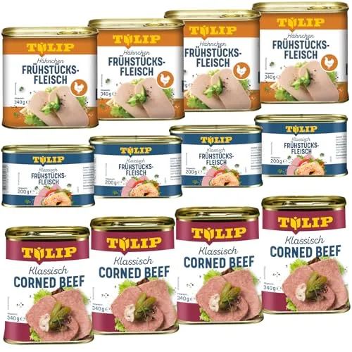 TULIP 4x Corned Beef & Frühstücksfleisch Set - Fleischkonserven mit 98% Rind-, 86% Schweine- und 80% Hühnerfleisch. Ideal zum Anbraten oder für Salate, liefert hochwertiges Eiweiß und ist einfach zu öffnen.