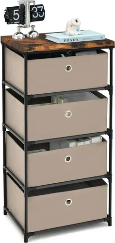 GOPLUS Kommode mit 4 Schubladen aus Stoff, Schubladenschrank mit Metallrahmen & abnehmbaren & faltbaren Schubladen, Kleiderkommode (4 Schubladen, Hellbraun)