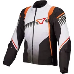 Macna Charger Motorrad Textiljacke - Schwarz-Weiß-Orange, Größe S für Männer - Motorradjacke mit herausnehmbarer Raintex-Membran und Belüftungsreißverschlüssen für optimalen Komfort bei jedem Wetter.