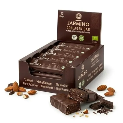JARMINO High Protein Bar Brownie 12x55g - Proteinriegel mit 13g Protein und 5g Kollagen - Leckerer Proteinriegel mit Brownie-Geschmack: 12 Stück à 55g, palmölfrei und glutenfrei. Ideal für einen proteinreichen Snack mit nur 1,4g Zucker und 14g Ballaststoffen pro Riegel.