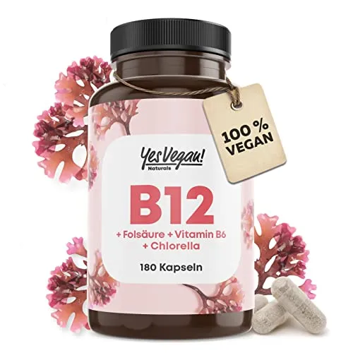 Vitamin B12 hochdosiert (180 Kapseln) aktiver 3-fach B12 Komplex mit Kofaktoren Folsäure, Vitamin B6 und Chlorella I B12 Vitamin Alternative zu Vitamin B12 Tropfen und Tabletten