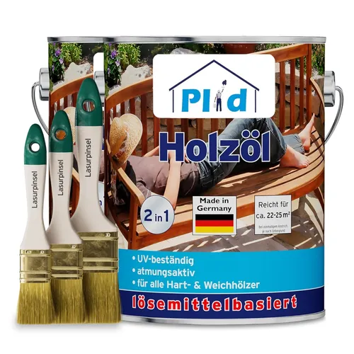 Holzöl 5L Teak mit Pinselset 3-tlg - Optimal für Gartenmöbel - Holzpflegeöl für ca. 50m², schnelltrocknend und seidenmatt. Ideal zum Schutz und zur Verschönerung von Holz im Garten. Enthält praktisches Pinselset für einfache Anwendung.