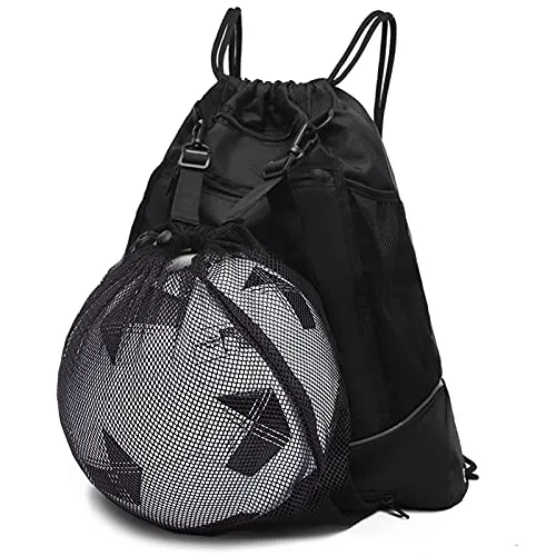 STAY GENT Basketball-Rucksack mit Kordelzug für Jungen, Fußball-Rucksack, Sporttasche, Sporttasche mit Abnehmbarer Netztasche für Volleyball, Baseball, Yoga, Schwarz, 42 x 47 cm