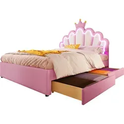 Prinzessinbett mit LED-Beleuchtung und Schubladen, 140x200cm, höhenverstellbarer Kopfteil, Mädchenbett, Polsterbett für Mädchen, Doppelbett - Rosa