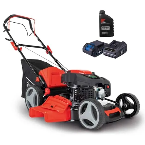 Scheppach Benzin Rasenmäher MS200-51E mit E-Start - Sichelmäher mit 51 cm Schnittbreite, 5,2 PS Motor und Radantrieb. Ideal für müheloses Mähen auch in hohem Gras, inklusive Reinigungsfunktion und 7-stufiger Höhenverstellung.