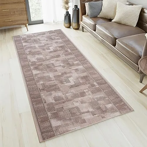 TAPISO Anti Rutsch Teppich Läufer rutschfest Brücke Meterware Modern Grau Beige Verwischt Figuren Design Flur Küche Wohnzimmer 67 x 340 cm