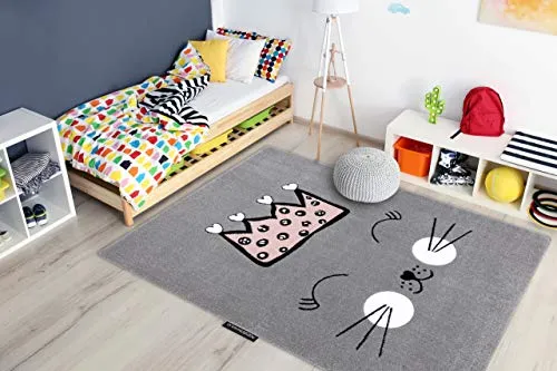 rugsx Kinderteppich Petit für Babyzimmer, Spielteppiche, Kinderzimmer, Cat Katze Krone grau 180x270 cm