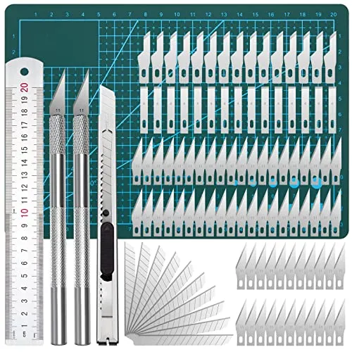 Bastel Messer Set Skalpell Carving Kit mit 2 Schnitzmesser 100 Skalpell Klingen, 1 A5 PVC Schneidebrett,1 Stahllineal, 1 Kleines Universalmesser für DIY Art Work (106 Stück)