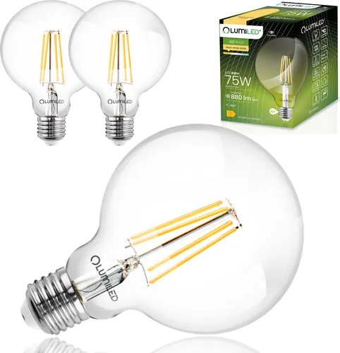 LUMILED 3x E27 LED Lampen G95 Vintage 8W Ersetzt 75W Glühlampe 880lm Leuchtmittel 3000K Warmweiß Glühbirne Retro Filament Glas Kugel Deko Birnen