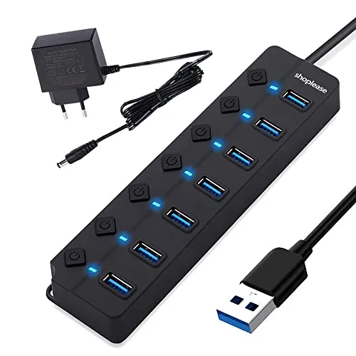 USB 3.0 Splitter mit 5 V/2 A Adapter, USB-Verlängerung mit individueller EIN-/Aus-Schalter, tragbarer Erweiterungsdatenhub…