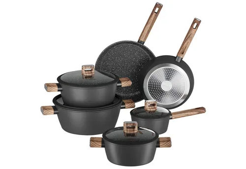 HOMELUX Topf-Set Schwarz Kochgeschirr-Set, 10tlg Induktions Kochtopfset mit Deckel, Aluminium (10-tlg., Kochtopf 20/24/28 + Stieltopf 16 + Pfanne 24/28), induktionsgeeignet