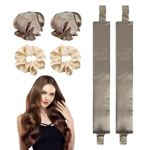 Sätze hitzefreier Lockenstäbe, mit 2 Stück Satin-Haargummis, DIY-Styling-Werkzeuge, Satin-Lockenstab-Stirnband, verstellbares Lockenstab-Abdeckungsset, Lazy Curling-Set (Champagnerfarbe) 2