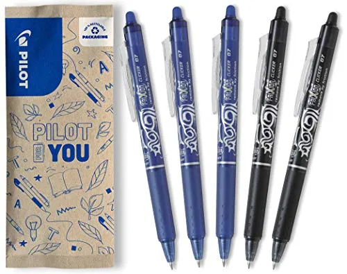 PILOT FriXion Clicker 0.7 – 5 Stück – Farben 3x Blau, 2x Schwarz – Radierbarer, nachfüllbarer Gel-Tintenroller mit Druckmechanik und thermosensitiver Tinte, mittlere Spitze