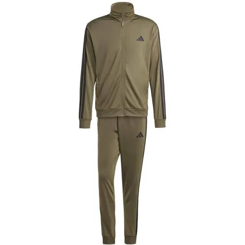 adidas 3S Trainingsanzug Herren - Olive Strata, Größe L - Stylischer Trainingsanzug aus Jacke und Hose mit praktischen Seitentaschen, ideal für Sport und Freizeit. Bequemer elastischer Hosenbund mit Kordelzug für perfekten Sitz.