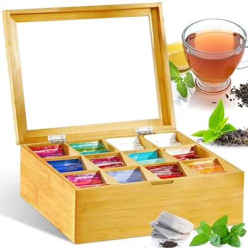 GUHAOOL Teebox, Teebox aus Holz mit 12 Fächern 28 x 22.5 x 9 cm,Teebeutel Aufbewahrungsbox,Teekiste mit Sichtfenster,Flexibel Einstellbare Fächer,Teebeutelbox für Aromageschützte Aufbewahrung von Tee