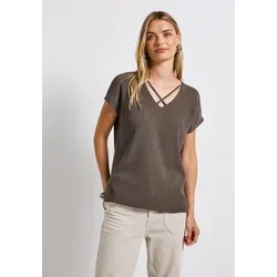 STREET ONE Damen A323555 Shirt mit Bändern - Dark Tumbled Beige, Größe 38 - Tops für Damen: Modisches Sommershirt mit gerundetem V-Ausschnitt und Bändern, ideal für einen lässigen Look. Bequemer Materialmix mit Stretch sorgt für optimalen Tragekomfort.