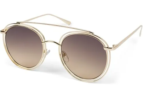 styleBREAKER Damen Oversize Sonnenbrille mit runden Gläsern und doppeltem Rahmen, Polycarbonat Gläsern, Hippie Look 09020122, Farbe:Gestell Gold/Glas Braun Verlauf