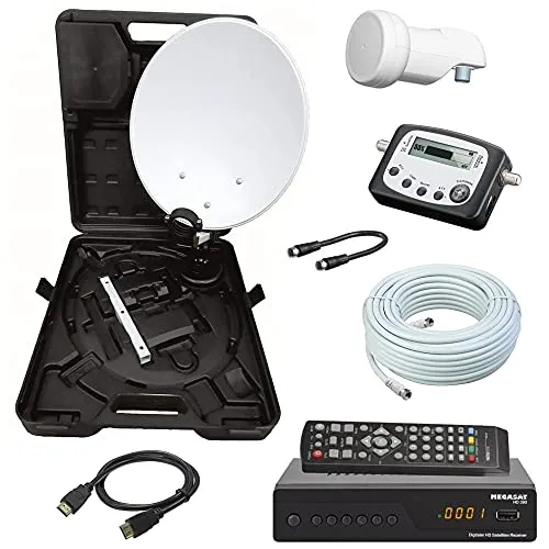 netshop 25 Camping SAT Koffer 40cm Spiegel + HD Receiver (12V & 220V) + Single LNB + 10m Kabel + Digital SAT-Finder