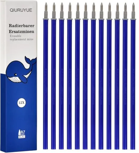 QIURUYUE 12x Radierbarer Ersatzminen - Kompatibel Mit Legami - Einfach zu radieren - Stiftspitze 0,7mm,Höhe 13 cm (BLAU)