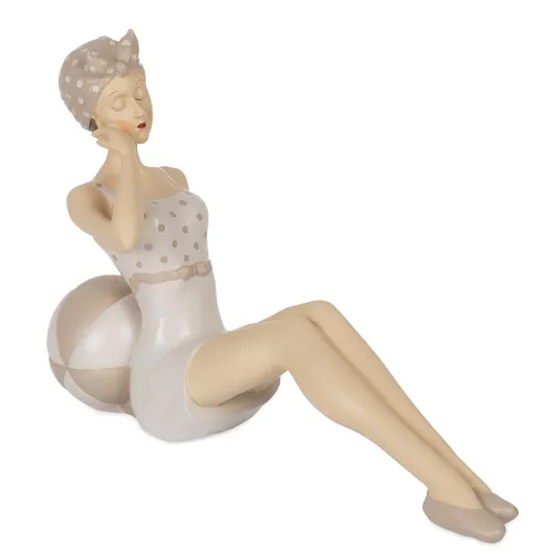 Dekofigur Frau im Retro Badeanzug mit Ball – Beige 24 x 8 x 15,5 cm - Stilvolle Resinfigur für kreative Dekoration. Diese charmante Dekofigur bringt Retro-Flair in Ihr Zuhause und ist ein echter Hingucker.